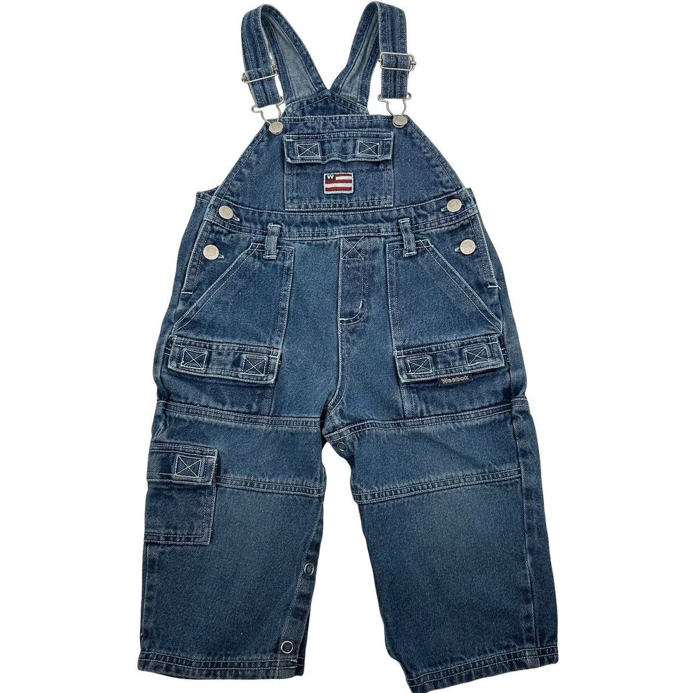 Vintage 90s y2k Baby Toddler Weebok USA Cargo Blue Denim Jean Bibs Overalls 24 M